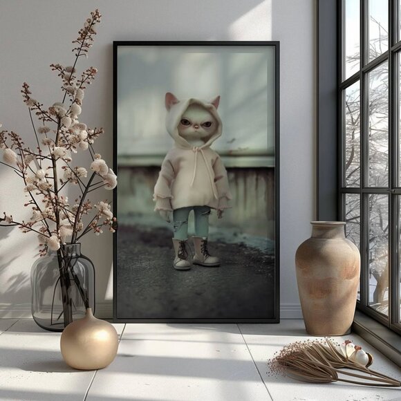 Original Cat with Hoodie Art Print + Digital Copy, Anthropomorphic Cat - Picture 2 of 10